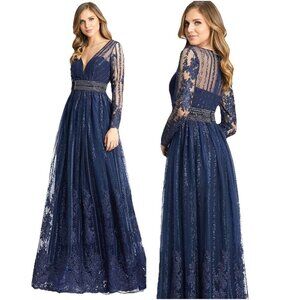 MAC DUGGAL Size 12 Navy 66591 Long Sleeve Floral Illusion Beaded Gown Dress $798